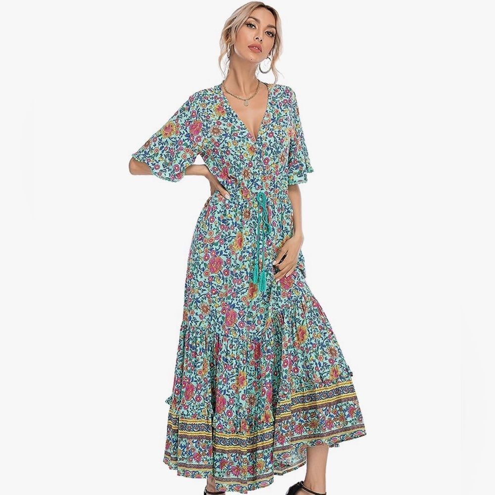 R.Vivimos Womens Cotton V Neck Floral Print Casual Dress Size Medium